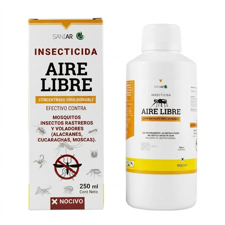 Estuche y envase de AIRE LIBRE, insecticida concentrado emulsionable, presentación de 250 ml