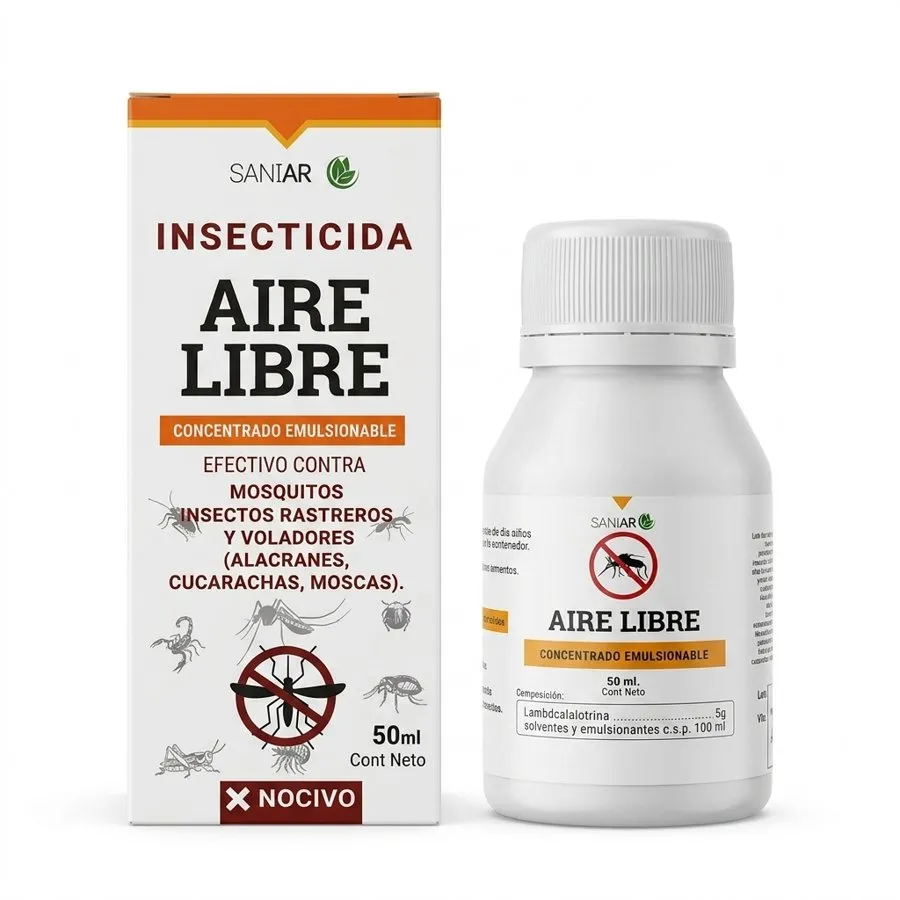 Estuche y envase de AIRE LIBRE, insecticida concentrado emulsionable, presentación de 50 ml