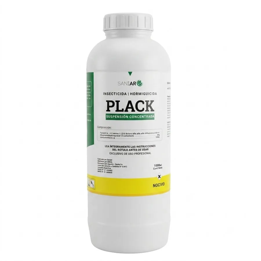 Envase de PLACK, insecticida suspensión concentrada, presentación de 1 litro