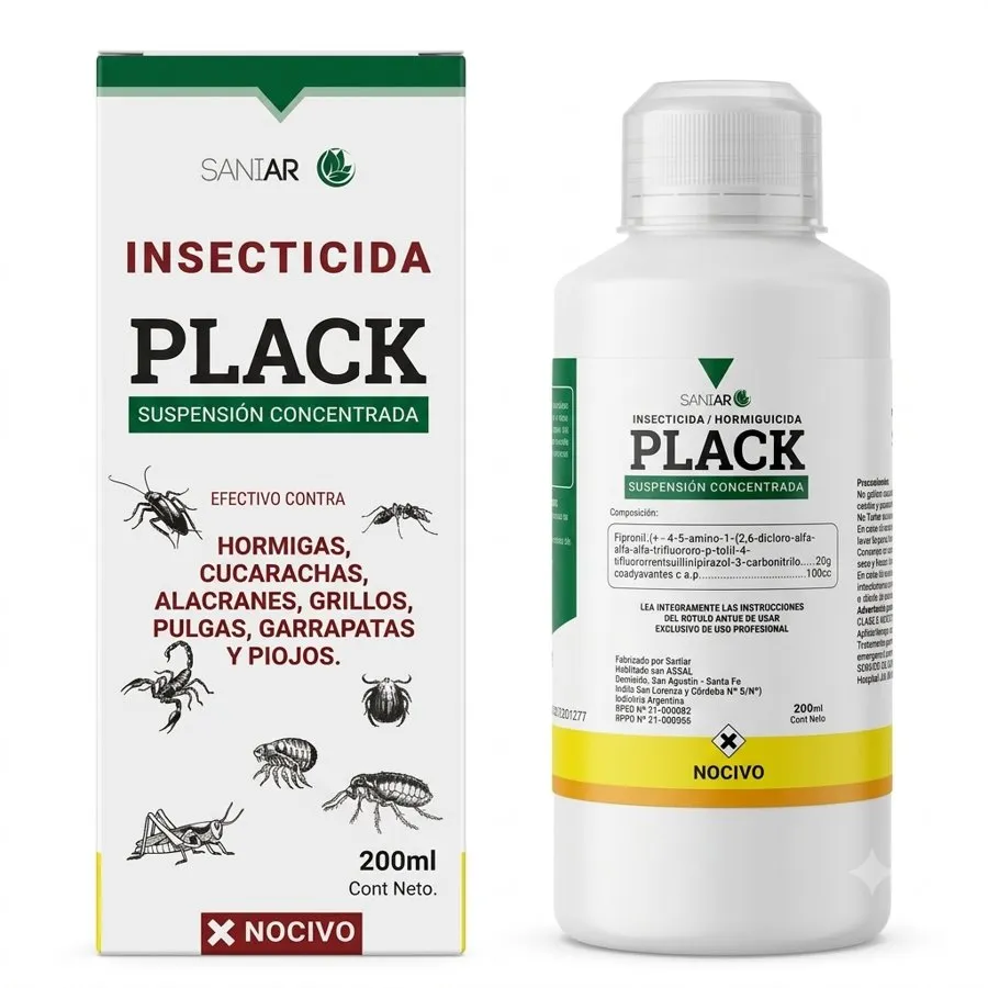 Estuche y envase de PLACK, insecticida suspensión concentrada, presentación de 200 ml