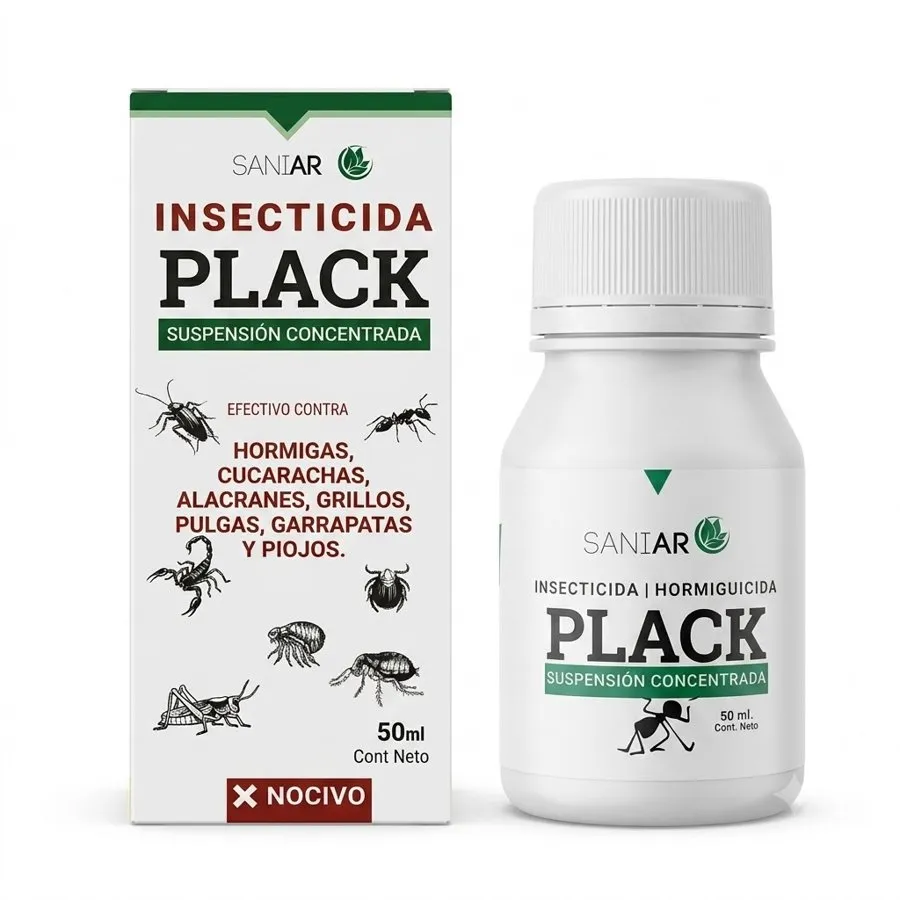 Estuche y envase de PLACK, insecticida suspensión concentrada, presentación de 50 ml